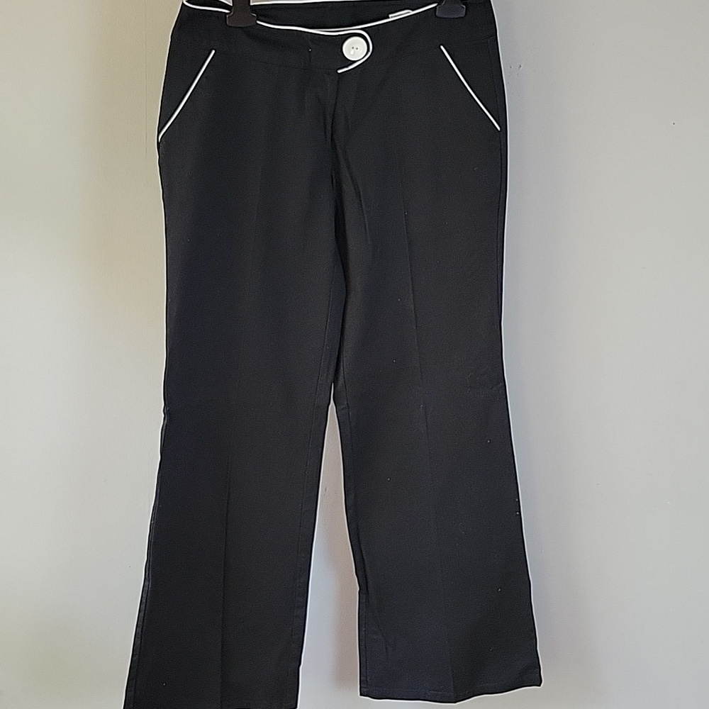 Divided Black Straight Leg Pants with White Piping Accents Size 6
